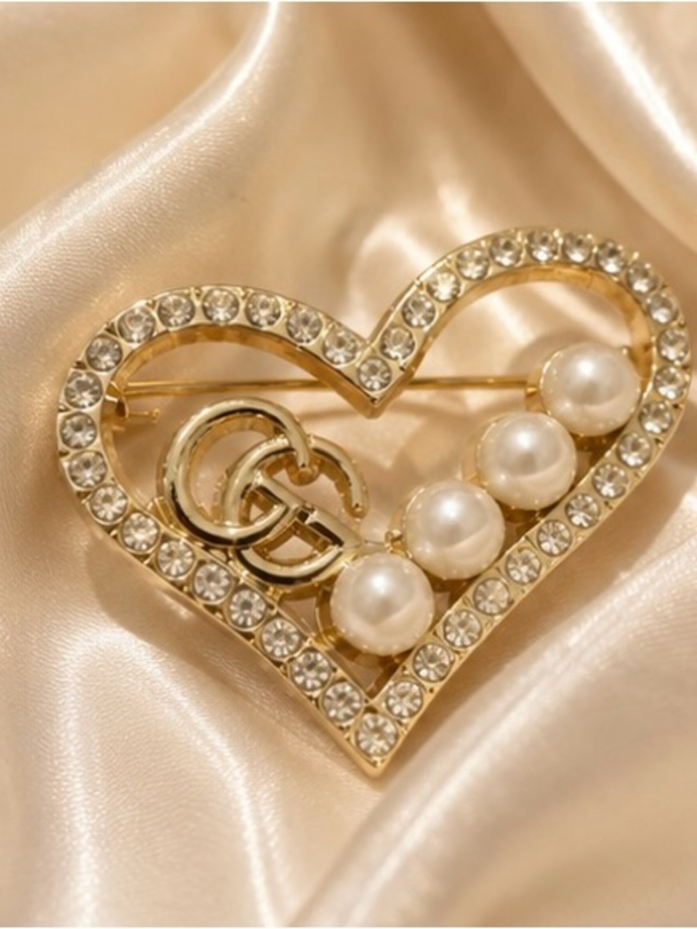 Gold Tone Heart Pearl Crystal Statement Brooch Pin